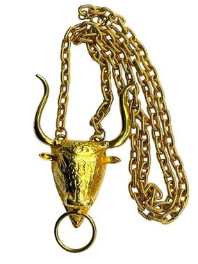 CADORO Vintage 1960s Bullhead Heavyweight Gold Tone Pendant Necklace 32” Rare